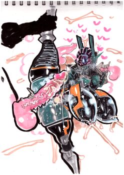 1girl absurdres after_vaginal armor ass breasts breasts_apart brunhild_(taimanin_asagi_battle_arena) cum cum_in_pussy cum_on_body curvy faceless facial full_armor gynoidherring hetero highres huge_ass huge_breasts impossible_clothes no_eyes no_mouth penis photo_(medium) presenting sex simple_background spread_legs straddling taimanin_(series) taimanin_asagi_kessen_arena taimanin_rpgx testicles thighs traditional_media trembling vaginal