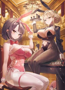  1boy 3girls absurdres ade_(agent_bunny)_(nikke) ade_(nikke) animal_ears black_hair black_leotard black_pantyhose black_shrug blonde_hair brown_eyes card casino chandelier commentary_request cup doro_(nikke) earphones fake_animal_ears goddess_of_victory:_nikke green_eyes highres indoors leotard milk_(blooming_bunny)_(nikke) milk_(nikke) multiple_girls official_alternate_costume pantyhose pink_leotard playboy_bunny poker_table rabbit_ears short_hair shrug_(clothing) smile table wakum white_pantyhose 