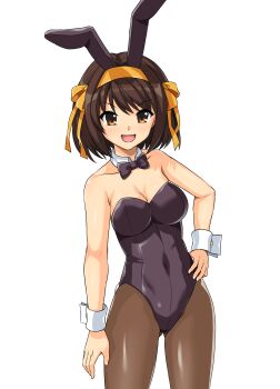  1girl absurdres animal_ear_hairband animal_ears bow bowtie breasts commentary_request detached_collar fake_animal_ears hairband hand_on_own_hip haruhisky highres leotard official_alternate_costume orange_hairband pantyhose playboy_bunny rabbit_ear_hairband rabbit_ears simple_background solo strapless strapless_leotard suzumiya_haruhi suzumiya_haruhi_no_yuuutsu white_background wrist_cuffs 