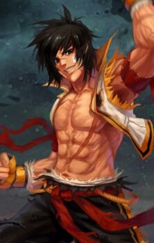  00s bandana dungeon_and_fighter fighter_(dungeon_and_fighter) fingerless_gloves gloves no_shirt scar 