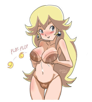 1girl blonde_hair blue_eyes blush bra breasts brown_bra brown_panties cleavage collarbone covered_erect_nipples drooling earrings fire fireball floral_print grabbing_own_breast jewelry karmaflakes lace lace-trimmed_bra lace_trim large_breasts long_hair looking_at_viewer mario_(series) navel nintendo panties pearl_earrings princess_peach print_bra print_panties smile standing star_(symbol) star_print super_star_(mario) tongue tongue_out underwear white_background