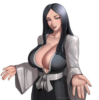  1girl artist_name black_hair bleach bleach:_sennen_kessen-hen collarbone commission female_focus hair_down haori japanese_clothes long_hair looking_at_viewer mature_female shihakusho simple_background solo solo_focus standing uchihaniray unohana_retsu white_background  rating:Sensitive score:3 user:VIZARD_