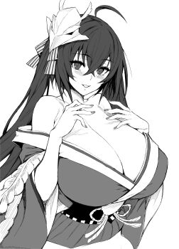  1girl absurdres ahoge azur_lane bare_shoulders blush breasts cleavage collarbone commentary_request fingernails greyscale hair_between_eyes hair_ornament highres huge_breasts japanese_clothes kimono long_hair looking_at_viewer monochrome parted_lips sash simple_background smile solo taihou_(azur_lane) upper_body white_background whoosaku  rating:Sensitive score:67 user:danbooru