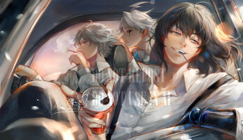  3boys ahoge black_necktie blue_eyes can car cigarette collared_shirt commentary edmond_dantes_(fate) english_commentary facial_mark fate/grand_order fate_(series) grey_hair highres holding holding_can james_moriarty_(ruler)_(fate) lollipop_in_mouth male_focus motor_vehicle multiple_boys necktie oberon_(fate) oberon_(third_ascension)_(fate) renrenka_noi shirt short_hair sideways_glance smoking white_shirt 