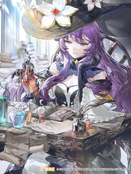  1girl absurdres bare_shoulders black_gloves black_hat book book_stack bottle breasts chair character_name chinese_commentary cleavage commentary_request copyright_notice detached_collar dress flower gloves grin half-closed_eyes hands_up hat hat_flower highres holding holding_bottle indoors inkwell long_hair looking_at_object looking_down mo_qingxian off-shoulder_dress off_shoulder official_art on_chair open_book potion purple_eyes purple_hair quill scroll sitting smile solo table upper_body vocaloid vsinger_(vocaloid) white_flower witch witch_hat 