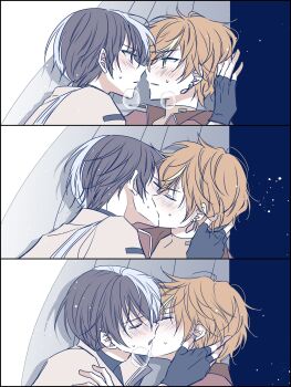  2boys aoyagi_touya black_gloves blush commentary_request earrings fingerless_gloves gloves hand_on_another's_head hand_on_another's_shoulder highres jacket jewelry kiss long_sleeves looking_at_another multicolored_hair multiple_boys project_sekai shinonome_akito sui_(sui_aratamo) sweat 