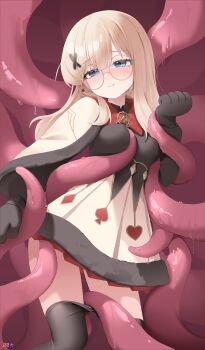  1girl absurdres animal_hands artist_request black_desert_online black_dress black_gloves black_pantyhose black_sleeves blonde_hair blue_eyes blush bow bowtie breasts brooch capelet clenched_teeth clothes_pull commission dress eyewear_strap fur-trimmed_capelet fur-trimmed_dress fur_trim glasses gloves grabbing_another's_breast groping hair_ornament half-closed_eyes head_tilt highres jewelry long_hair long_sleeves nose_blush pantyhose pantyhose_pull paw_gloves playing_card_theme pleated_skirt puffy_long_sleeves puffy_sleeves red_bow red_bowtie red_skirt round_eyewear second-party_source shai_(black_desert) skirt small_breasts tearing_up teeth tentacle_between_breasts tentacle_between_legs tentacle_pit tentacles undressing_another wing_collar x_hair_ornament yellow-framed_eyewear yellow_capelet yellow_dress 