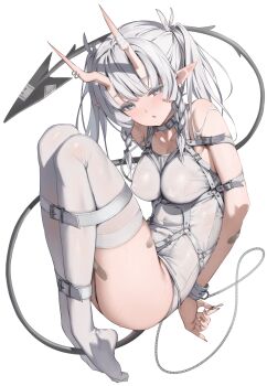  1girl animal_collar arms_behind_back bad_source bandaged_horn bandages bandaid bandaid_on_arm bandaid_on_thigh bare_arms bdsm blunt_bangs blunt_sidelocks blush body_harness bondage bondage_cuffs bondage_outfit bound bound_ankles bound_breasts bound_calves bound_legs bound_thighs bound_torso bound_wrists box_tie braid breasts brown_nails cleavage collar collarbone colored_eyelashes covered_erect_nipples covered_navel cuffs demon_tail expressionless fingernails folded framed_breasts full_body gradient_nails grey_eyes grey_tail hair_tie harness highres holding holding_key horn_piercing horns key large_breasts leash legs legs_folded legs_together long_fingernails long_hair looking_at_viewer multicolored_nails multiple_piercings nail_polish o-ring old_school_swimsuit one-piece_swimsuit original parsley-f parted_lips plantar_flexion red_nails school_swimsuit sharp_fingernails shiny_clothes shoes side_braids sidelocks simple_background skin-covered_horns slave solo sweat swimsuit tail thighhighs thighs toe_scrunch twintails variant_set white_background white_collar white_hair white_one-piece_swimsuit white_theme white_thighhighs  rating:Questionable score:22 user:danbooru