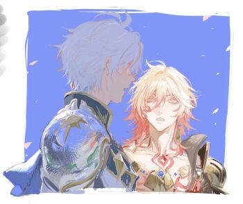  2boys antenna_hair arm_tattoo armor black_coat black_shirt blonde_hair blue_cape blue_eyes braid cape chest_tattoo coat commentary_request delusion_presen earrings facial_tattoo gold_earrings gold_necklace gradient_hair highres honkai:_star_rail honkai_(series) jewelry male_focus medium_hair multicolored_hair multiple_boys mydei_(honkai:_star_rail) necklace open_clothes open_coat open_mouth pauldrons phainon_(honkai:_star_rail) red_hair red_tattoo shirt short_hair shoulder_armor side_braid side_cape single_pauldron tattoo white_coat white_hair yellow_eyes 