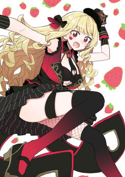  1girl black_bra black_hat black_shoes black_skirt blonde_hair blush bra commentary_request curly_hair eyelashes facial_mark fishnets gradient_thighhighs hand_on_headwear hat heart heart_facial_mark high_heels highres long_hair luis_cammy luis_cammy_(7th_costume) mole mole_under_mouth nijisanji oogushi_aritomo open_mouth red_eyes shoes sidelocks skirt sleeveless smile solo strawberry_background underwear virtual_youtuber 