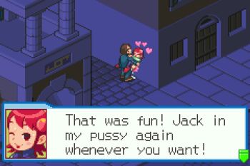  1boy 1girl 3092_jack aftersex against_wall age_difference alley assertive_female blush brown_hair business_suit cum dialogue_box english_text formal_clothes hair_ornament hands_on_another's_shoulders lifting_person light_smile loli mayl_sakurai_(mega_man) mega_man_battle_network night one_eye_closed outdoors pants parody pink_skirt pixel_art red_hair skirt style_parody suit suspended_congress sweat tongue tongue_out 