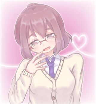  1girl breasts heart heart_of_string kusunoki_kaho medium_breasts pink_background red-framed_eyewear sacchan_happy topknot watashi_ga_motenai_no_wa_dou_kangaetemo_omaera_ga_warui! 