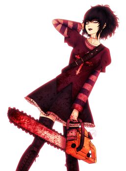  absurdres bags_under_eyes black_hair black_lagoon black_thighhighs blood blue_eyes boots breasts chainsaw collarbone ear_piercing frederica_sawyer frilled_skirt frills goth_fashion hair_up highres jewelry layered_sleeves lipstick long_sleeves looking_at_viewer makeup messy_hair pale_skin piercing ring scar scar_on_neck shirt short_over_long_sleeves short_sleeves sketchmenot skirt small_breasts striped_clothes striped_shirt thighhighs white_background  rating:Sensitive score:28 user:chopblock