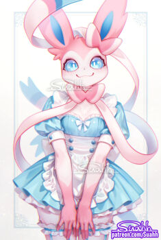 1girl :3 animal_ears apron artist_name blue_border blue_dress blue_eyes body_fur border bow bowtie breasts bright_pupils chromatic_aberration closed_mouth cowboy_shot dress ear_bow ear_ribbon fangs fangs_out female_focus frilled_apron frilled_thigh_strap frills furry furry_female garter_straps gen_6_pokemon happy looking_at_viewer maid maid_apron neck_ribbon nintendo outside_border own_hands_together patreon_username personification pink_bow pink_bowtie pink_fur pokemon pokemon_(creature) puffy_short_sleeves puffy_sleeves ribbon short_dress short_sleeves signature small_breasts smile solo standing straight-on suahh sylveon thigh_strap two-tone_fur v_arms watermark web_address white_apron white_background white_fur white_pupils white_ribbon