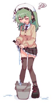  1girl absurdres beret black_shoes black_skirt black_thighhighs blush braid breasts bucket cardigan chinese_commentary closed_eyes collared_shirt commentary_request frills full_body green_hair hat highres huanxiang_koudai_meow indie_virtual_youtuber long_hair long_sleeves miniskirt necktie open_mouth pixel_art plaid_clothes plaid_skirt rune_(dualhart) school_uniform second-party_source shirt shoes simple_background skirt solo squiggle standing thighhighs virtual_youtuber water wet white_background white_hat white_shirt wringing_clothes zettai_ryouiki 