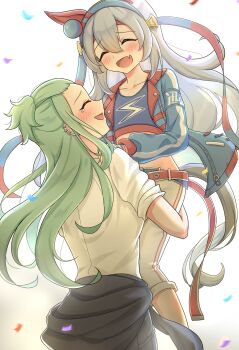  2girls animal_ears belt blue_hairband blue_jacket blue_sports_bra blush carrying carrying_person closed_eyes clothes_around_waist commentary_request confetti crop_top ear_covers ear_piercing fang fingerless_gloves gloves green_hair grey_hair grey_tail hair_between_eyes hairband headband highres horse_ears horse_girl horse_tail jacket komiyama_masami lightning_bolt_print lightning_bolt_symbol long_hair long_sleeves midriff multiple_girls navel open_mouth pants piercing red_belt red_headband shirt skin_fang sleeves_rolled_up smile sports_bra striped_clothes striped_hairband tail tamamo_cross_(umamusume) tamamo_cross_(with_lightning_speed)_(umamusume) umamusume umamusume:_cinderella_gray user_njyp2785 very_long_hair white_gloves white_pants white_shirt 