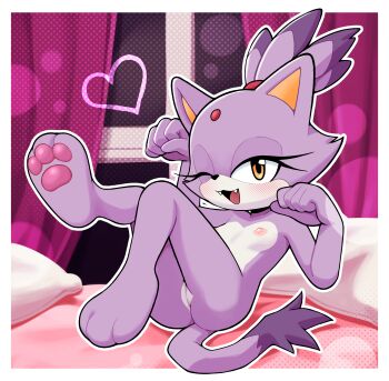  1girl absurdres animal_ears animal_feet animal_nose blaze_the_cat blush breasts cat_ears cat_girl cat_tail cleft_of_venus completely_nude forehead_jewel furry furry_female gato_del_futuro highres looking_at_viewer nipples nude one_eye_closed orange_eyes paw_pose pawpads purple_fur pussy reclining small_breasts smile solo sonic_(series) tail topknot 