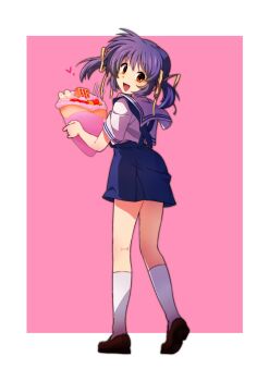  1girl :d absurdres blue_hair blue_skirt blush brown_shoes clannad commentary crepe food full_body hair_between_eyes hair_ribbon hands_up happy head_tilt heart high-waist_skirt highres hikarizaka_private_high_school_uniform holding holding_crepe holding_food kneehighs loafers looking_at_viewer looking_back medium_hair mogege_gk open_mouth orange_eyes pink_background ribbon sailor_collar school_uniform serafuku shirt shoes short_sleeves sidelocks simple_background skirt smile socks solo standing summer_uniform sunohara_mei suspender_skirt suspenders tareme twintails white_background white_sailor_collar white_shirt white_socks yellow_ribbon 
