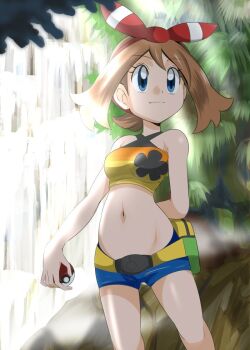  1girl alternate_costume blue_eyes breasts brown_hair female_focus hainchu haltertop may_(pokemon) midriff navel nintendo outdoors plant poke_ball poke_ball_(basic) pokemon pokemon_oras ribbon shorts solo standing stomach tagme water  rating:Sensitive score:26 user:makutakraahkan