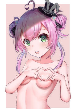  1girl absurdres ahoge breasts chinese_commentary commentary_request completely_nude ctrl+z double_bun four-finger_heart_hands hair_bun hair_ornament hat heart heart_ahoge heart_hands highres hololive hololive_china looking_at_viewer nude open_mouth pink_hair ribbon small_breasts smile solo spade_echo upper_body virtual_youtuber 