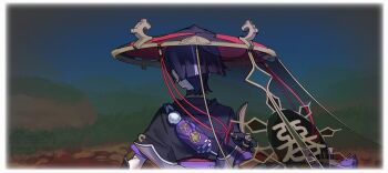  1boy armor arms_at_sides black_hair black_hat black_kimono black_mask black_sleeves blunt_ends border commentary facing_away fatui_logo from_behind genshin_impact gold gold_trim grass hat japanese_armor japanese_clothes jewelry jingasa kimono kote kurokote layered_sleeves male_focus mask_on_hat mitsudomoe_(shape) mountainous_horizon multicolored_hair neck_ring o-ring outdoors pom_pom_(clothes) purple_bag purple_hair purple_rope purple_sash purple_sleeves red_hat red_sash rope sash scaramouche_(genshin_impact) see-through_clothes see-through_veil shimenawa short_sleeves single_sode solo streaked_hair tomoe_(symbol) two-tone_hat veil w_0reha watermark white_border white_rope 