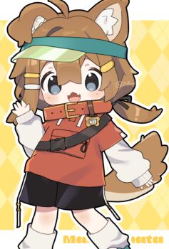  1girl :3 :d ahoge akikan_sabako animal_collar animal_ear_fluff animal_ears argyle_background black_shorts blue_eyes blush bone_hair_ornament brown_hair brown_tail cartoon_bone character_name chibi collar commentary_request dog_ears dog_girl dog_tail drawstring fangs grey_eyes hair_between_eyes hair_ornament hairclip hand_up highres layered_sleeves long_hair long_sleeves looking_at_viewer loose_socks low_twintails mamehinata open_mouth orange_shirt outline puffy_long_sleeves puffy_sleeves red_collar shirt shoes short_over_long_sleeves short_sleeves shorts skin_fangs sleeves_past_wrists smile socks solo tail twintails twitter_username visor_cap vrchat waving white_outline white_shirt white_socks yellow_background 