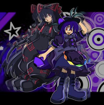  2girls animemaster armband back_bow black_bow black_hair black_hat black_pants black_ribbon black_shirt black_shoes bow food food-themed_hair_ornament frilled_skirt frills fruit fruit_hat_ornament fujiwara_no_mokou grey_bow hair_between_eyes hair_ornament hair_ribbon hands_in_pockets hat hat_ornament highres hinanawi_tenshi kaname-ishi leaf leaf_hat_ornament long_hair looking_at_viewer multiple_girls official_style ofuda ofuda_on_clothes open_mouth pants peach peach_hair_ornament peach_hat_ornament puffy_short_sleeves puffy_sleeves purple_hair purple_shoes rainbow_gradient rainbow_order red_armband red_eyes ribbon shirt shoes short_sleeves skirt sword_of_hisou teeth torn_clothes torn_sleeves touhou uekawa_yuji_(style) upper_teeth_only very_long_hair 