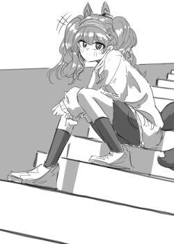  +++ 1girl alternate_costume angelina_(arknights) animal_ears arknights arm_between_legs arms_between_legs blush commentary_request dutch_angle extra_ears fox_ears fox_tail full_body greyscale haesagadoenraempeuai hairband highres hunched_over kneehighs korean_commentary light_smile long_hair long_sidelocks long_sleeves looking_at_viewer monochrome on_stairs shorts sidelocks sitting sketch sleeves_past_wrists socks solo sweater tail twintails wavy_hair white_background 