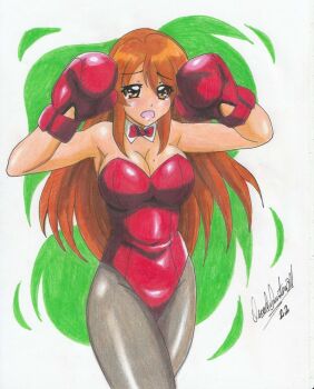 1girl armpits asahina_mikuru bare_arms bare_shoulders blush bow bowtie boxing_gloves breasts cleavage covered_navel crossed_legs detached_collar eyebrows_hidden_by_hair eyes_visible_through_hair gloves green_background grey_pantyhose hair_between_eyes hands_up highres large_breasts leotard long_hair looking_at_viewer mole mole_on_breast nervous non-web_source official_alternate_costume open_mouth orange_hair pantyhose ravernclouk_design red_bow red_bowtie red_gloves red_leotard scared sidelocks solo standing straight_hair strapless strapless_leotard suzumiya_haruhi_no_yuuutsu tears very_long_hair yellow_eyes