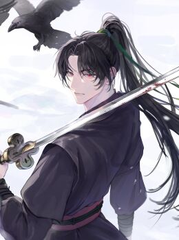  1boy bird black_hair black_robe blood bloody_weapon cheongmyeong_(return_of_the_mount_hua_sect) cropped_torso crow from_behind from_side green_ribbon high_ponytail highres holding holding_sword holding_weapon jamchya long_hair looking_at_viewer looking_back over_shoulder parted_bangs ponytail red_eyes return_of_the_mount_hua_sect ribbon robe solo solo_focus sword sword_over_shoulder weapon weapon_over_shoulder white_background wrist_wrap 