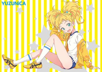 1girl aikatsu!_(series) aikatsu_stars! aqua_eyes blonde_hair blue_buruma braid buruma commentary_request double_vertical_stripe from_side gym_shirt gym_uniform hair_bobbles hair_ornament hand_on_own_head highres jacket katoh_akatsuki knee_up long_sleeves looking_at_viewer medium_hair nikaido_yuzu open_clothes open_jacket open_mouth shirt shoes side_braid single_horizontal_stripe sitting skindentation smile sneakers socks solo star_(symbol) star_symbol_background striped_background track_jacket twintails vertical_stripes white_shirt white_socks yellow_background yellow_jacket yellow_shoes rating:Sensitive score:14 user:danbooru