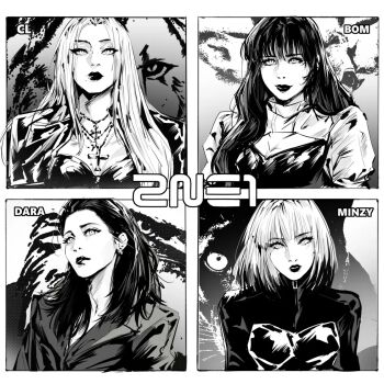  2ne1 4girls breasts character_name chinese_commentary cl_(rapper) cleavage collarbone commentary copyright_name cross cross_necklace earrings english_commentary everyone hair_behind_ear highres jacket jewelry k-pop lipstick long_hair looking_at_viewer makeup medium_breasts medium_hair miao_da_ye_ye minzy_(singer) mixed-language_commentary multiple_girls necklace panther park_bom parted_lips real_life sandara_park shirt shrug_(clothing) smile straight-on strapless strapless_shirt sweater 