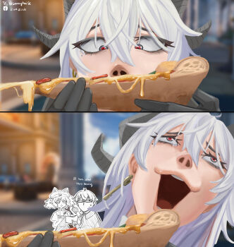  1boy 2girls absurdres artist_name bags_under_eyes black_eyes black_gloves black_horns commentary curled_horns earrings food game_screenshot_background gloves grey_hair hair_between_eyes hashtag-only_commentary highres holding holding_food holding_pizza horns jewelry key_earrings kpop_demon_hunters lennykaise long_hair male_rover_(wuthering_waves) margherita_(wuthering_waves) meme mole mole_under_eye multicolored_eyes multiple_girls open_mouth pizza red_eyes rolling_eyes rover_(wuthering_waves) rumi_sniffing_kimbap_(meme) screenshot_background smelling two-tone_eyes wuthering_waves zani_(wuthering_waves) 