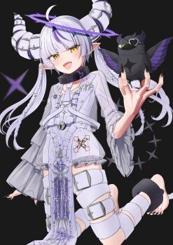  1girl :d absurdres ahoge barefoot belt black_background black_horns black_nails braid collar commentary crow_(la+_darknesss) demon_girl demon_horns demon_tail dress eyepatch fang feet fingernails flat_chest frilled_dress frills hair_ornament halo heart heart_eyepatch highres hime_cut hololive horns jacket la+_darknesss la+_darknesss_(5th_costume) light_blush lock long_fingernails long_hair long_sleeves long_toenails metal_collar monakarobo78 nail_polish necktie official_alternate_costume official_alternate_hairstyle open_mouth padlock pelvic_curtain pointy_ears purple_hair purple_horns simple_background smile tail toenails twintails virtual_youtuber white_belt white_dress white_hair white_jacket white_necktie wide_sleeves yellow_eyes 