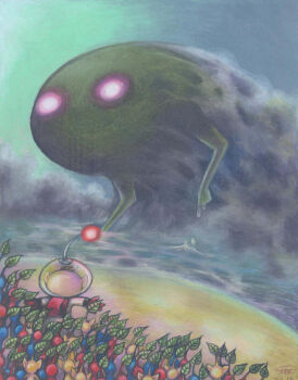  1boy backpack bag bilingual_commentary blue_pikmin blue_skin brown_hair colored_skin commentary dated day dripping english_commentary frog from_behind gloves green_sky helmet indigodeoxys leaf mixed-language_commentary nintendo ocean olimar outdoors outstretched_arms pikmin_(creature) pikmin_(series) pikmin_1 pointy_ears radio_antenna red_bag red_gloves red_pikmin red_skin short_hair signature sky smoke smoky_progg space_helmet spacesuit spanish_commentary traditional_media very_short_hair yellow_pikmin yellow_skin 