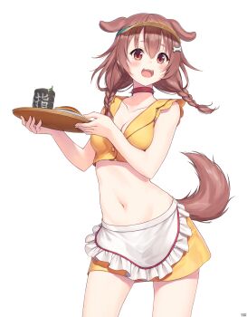  1girl :d absurdres animal_collar animal_ears apron artist_name blush bone_hair_ornament braid braided_twintails breasts brown_eyes brown_hair brown_tail buttons choker collar commentary_request crop_top cropped_shirt cup dated dog_ears dog_girl dog_tail doggy_god's_street double-parted_bangs ears_up extra_ears frilled_apron frills groin hair_between_eyes hair_ornament hairclip hat highres holding holding_tray hololive inugami_korone long_hair low_twin_braids low_twintails lowleg lowleg_skirt medium_breasts midriff miniskirt navel no_gloves official_alternate_costume open_mouth red_choker shirt signature simple_background skirt sleeveless sleeveless_shirt smile solo spiked_choker spikes stomach tail transparent_background traveler_(artbbt) tray twin_braids twintails virtual_youtuber visor_cap waist_apron waitress white_apron yellow_hat yellow_shirt yellow_skirt yunomi 