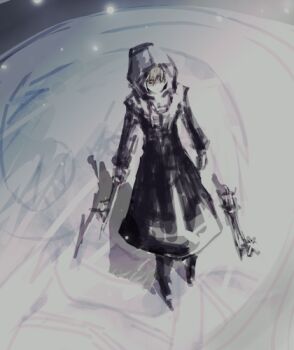  1boy black_boots black_coat black_coat_(kingdom_hearts) black_pants boots coat commentary dual_wielding english_commentary from_above full_body holding holding_weapon hood hood_up hooded_coat illbewaiting keyblade kingdom_hearts kingdom_hearts_ii light_particles long_coat long_sleeves lowres male_focus no_mouth pants roxas short_hair sketch weapon 