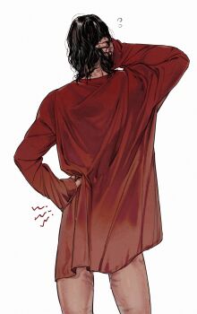  1boy aragorn black_hair bruise bruise_on_leg clothed_after_sex commentary_request cum cum_on_body cum_on_legs cumdrip eliza_fox from_behind hand_in_own_hair hand_on_own_hip highres implied_after_sex injury long_sleeves male_focus medium_hair oversized_clothes oversized_shirt red_shirt shirt simple_background solo the_lord_of_the_rings tolkien's_legendarium white_background 