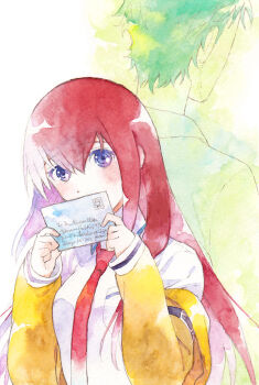  1boy 1girl arm_belt beard_stubble breast_pocket breasts brown_hair brown_jacket collared_shirt commentary_request covered_mouth facial_hair hair_between_eyes hair_over_shoulder holding holding_letter jacket jacket_partially_removed lab_coat leather_belt letter looking_at_viewer makise_kurisu necktie okabe_rintarou pocket purple_eyes purple_trim red_necktie ringed_eyes rocni science_adventure shirt short_hair small_breasts steins;gate stubble white_shirt 