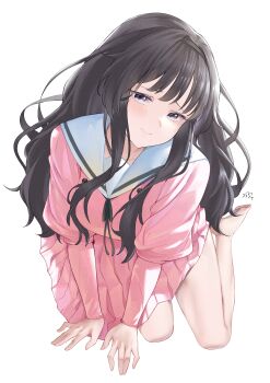  1girl absurdres all_fours barefoot black_hair black_ribbon camus_(luthfancamus) closed_mouth commentary highres juliet_sleeves kaoru_hana_wa_rin_to_saku kikyo_private_academy_school_uniform long_hair long_sleeves looking_at_viewer neck_ribbon pink_serafuku pink_shirt pink_skirt pleated_skirt puffy_sleeves ribbon sailor_collar school_uniform serafuku shirt simple_background skirt solo waguri_kaoruko white_background white_sailor_collar 