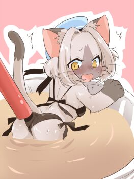  1girl alternate_costume animal_ears animal_hands ass bikini black_bikini blush breasts brown_fur brown_hair bubble_tea cat_busters cat_ears cat_girl cat_tail commentary_request cup debu_nezu drinking_straw flustered from_behind furry furry_female hat in_container in_cup mini_person minigirl open_mouth pink_background poking praline_(cat_busters) sailor_hat short_hair sideboob simple_background small_breasts solo surprised swimsuit tail two_side_up wide-eyed yellow_eyes 