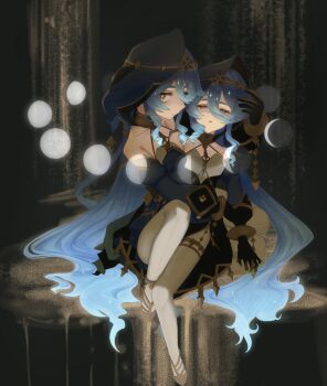 2girls absurdres bare_shoulders black_gloves blue_hair blue_hood blue_sleeves bracelet circlet closed_eyes commentary detached_sleeves drill_hair drill_sidelocks dual_persona genshin_impact gloves highres hood hood_up hug jewelry layla_(genshin_impact) long_hair looking_at_viewer multiple_girls muvum_zzz nighttime_layla_(genshin_impact) pantyhose pointy_ears sidelocks untranslatable_commentary very_long_hair white_pantyhose yellow_eyes