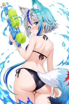 1girl absurdres animal_ears ass bikini black_bikini blue_eyes blue_fire blue_hair blush closed_mouth earrings fire flame-tipped_tail grey_hair hair_ornament highres holding holding_water_gun indie_virtual_youtuber jewelry median_furrow multicolored_hair rabineru second-party_source solo streaked_hair swimsuit tail virtual_youtuber vylett_moonheart water_gun wolf_ears wolf_girl wolf_tail  rating:Sensitive score:6 user:danbooru
