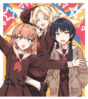  3girls ^_^ arm_up black_hair blonde_hair blue_hair blue_ribbon border brown_cardigan brown_dress cardigan closed_eyes commentary curtained_hair dress facing_viewer flower gradient_hair hair_flower hair_ornament hair_ribbon hasu_no_sanrenka hasu_no_sora_school_uniform highres hinoshita_kaho link!_like!_love_live! long_sleeves looking_at_viewer love_live! low_twintails medium_hair multicolored_hair multiple_girls murano_sayaka neckerchief open_cardigan open_clothes orange_background orange_hair osawa_rurino outside_border parted_bangs pink_flower pleated_dress rabbit_hair_ornament red_background red_neckerchief ribbon sailor_collar sailor_dress school_uniform twintails two_side_up virtual_youtuber white_border white_sailor_collar winter_uniform yellow_background yukitake_(bullfalk) 