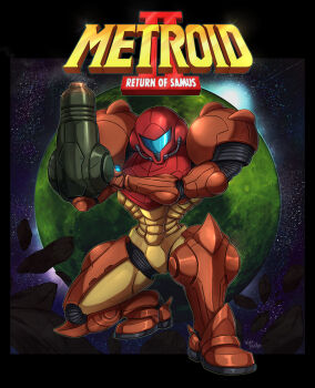  1girl arm_cannon armor assault_visor blue_visor commentary_request copyright_name full_armor highres kneeling metroid metroid_2:_return_of_samus multicolored_armor nintendo planet power_armor power_suit_(metroid) samus_aran varia_suit wakaba_(wata_ridley) weapon  rating:General score:4 user:danbooru