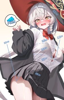  1girl @_@ absurdres blue_archive blush bow bowtie bra bra_visible_through_clothes braid breasts brown_halo button_gap cleavage commentary_request crossed_bangs diagonal-striped_bow diagonal-striped_bowtie diagonal-striped_clothes drawing_flover eri_(blue_archive) halo hat highres korean_commentary lace lace-trimmed_bra lace_trim long_hair open_mouth pleated_skirt shirt side_braid side_halo skirt solo striped_bow striped_bowtie striped_clothes tilted_halo two-sided_fabric two-sided_headwear unbuttoned_jacket underwear white_hair white_shirt witch_hat 