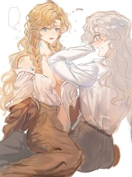 2girls :d bare_shoulders blank_speech_bubble blonde_hair blue_eyes breasts brown_jacket brown_skirt english_text eye_contact face-to-face fang feet_out_of_frame grey_pants hand_up highres jacket long_hair looking_at_another medium_breasts multiple_girls nishiyos no_bra off_shoulder open_clothes open_mouth open_shirt open_skirt pants profile reverse:1999 scales shirt sitting sitting_on_person skirt smile speech_bubble squeans straddling vila_(reverse:1999) white_background white_hair white_shirt windsong_(reverse:1999) yuri 