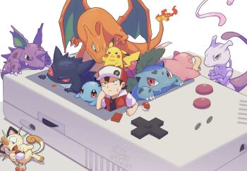  1boy absurdres baseball_cap black_hair black_shirt charizard closed_mouth crossed_arms elbow_rest game_boy gen_1_pokemon gengar handheld_game_console hat highres ivysaur jacket legendary_pokemon meowth mew_(pokemon) mewtwo mythical_pokemon nidorino nintendo open_clothes open_jacket pikachu poke_ball poke_ball_(basic) pokemon pokemon_(creature) pokemon_day pokemon_red/green/blue/yellow red_(pokemon) red_jacket shirt short_hair short_sleeves slowpoke squirtle sweatdrop tatsumi_(panneko) white_background  rating:General score:0 user:doopaboop