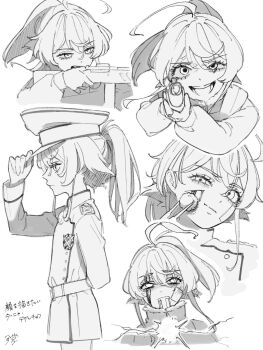  1girl aiming aiming_at_viewer anger_vein arm_behind_back bandaid bandaid_on_face belt blood blood_on_face buttons closed_mouth commentary_request cowboy_shot fur_trim gem greyscale gun hair_between_eyes hand_on_headwear hand_up hands_up hat high_ponytail highres holding holding_gun holding_weapon injury jacket jewelry jumpsuit long_hair long_hair_between_eyes long_sleeves looking_ahead looking_at_viewer looking_to_the_side medal mihalme military military_hat military_jacket military_uniform monochrome multiple_views open_mouth pants peaked_cap pendant ponytail puffy_long_sleeves puffy_sleeves rifle sidelocks simple_background smile sniper_rifle standing tanya_degurechaff teeth translation_request upper_body weapon youjo_senki zipper 