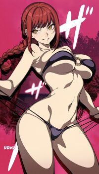  1girl bikini braid braided_ponytail breasts chainsaw_man contrapposto linea_alba makima_(chainsaw_man) navel o-ring o-ring_top red_hair ringed_eyes smile swimsuit syrup_shorts underboob unusual_pupils yellow_eyes 